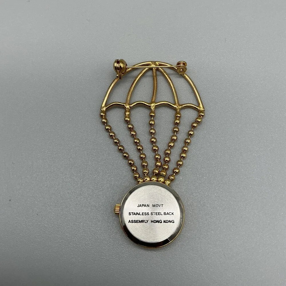 Vintage WF Womens Watch 22mm Black Dial Gold Tone Parachute Brooch New Battery